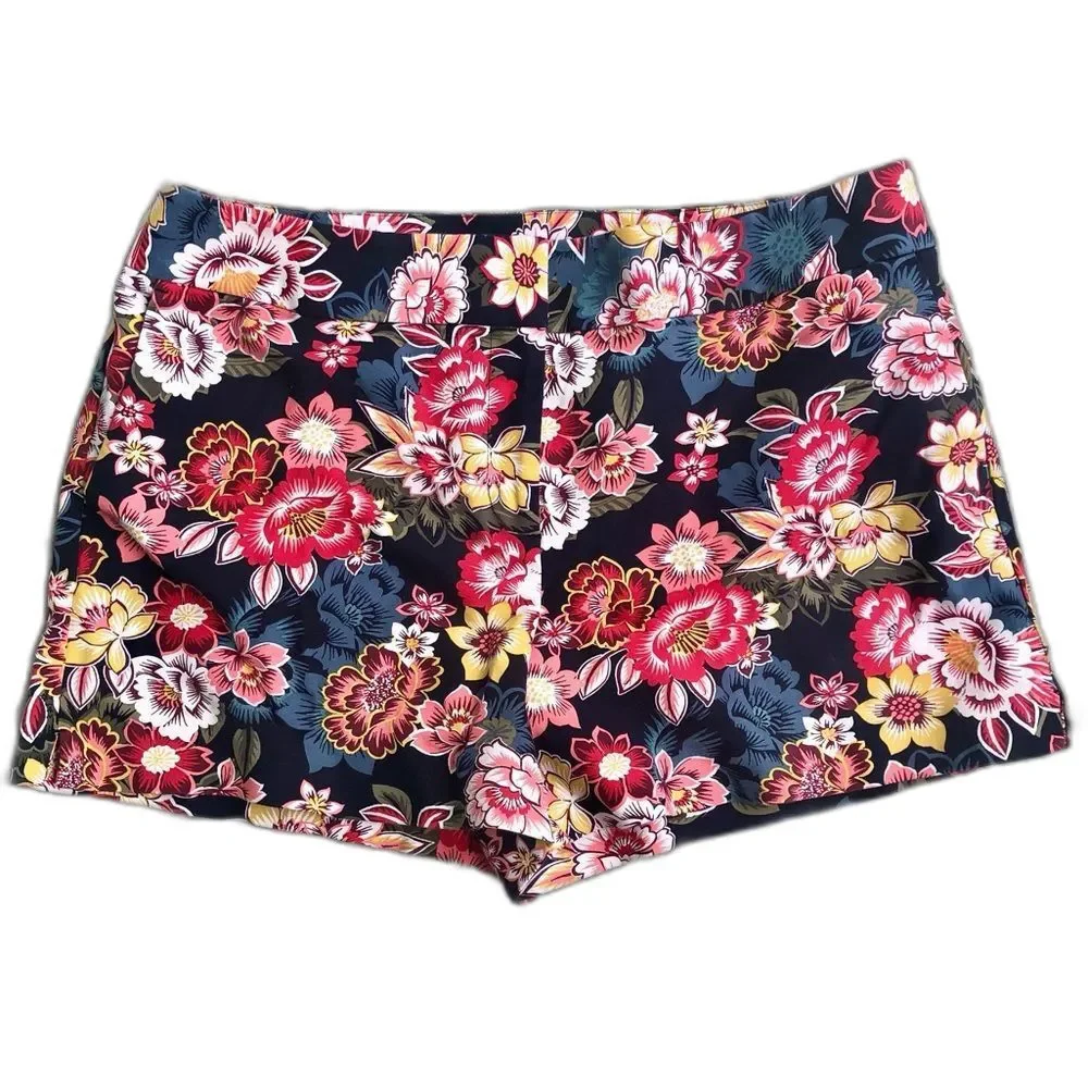 LOFT Loft Riviera Shorts Navy Blue Red Floral Printed Stretch Cotton 14